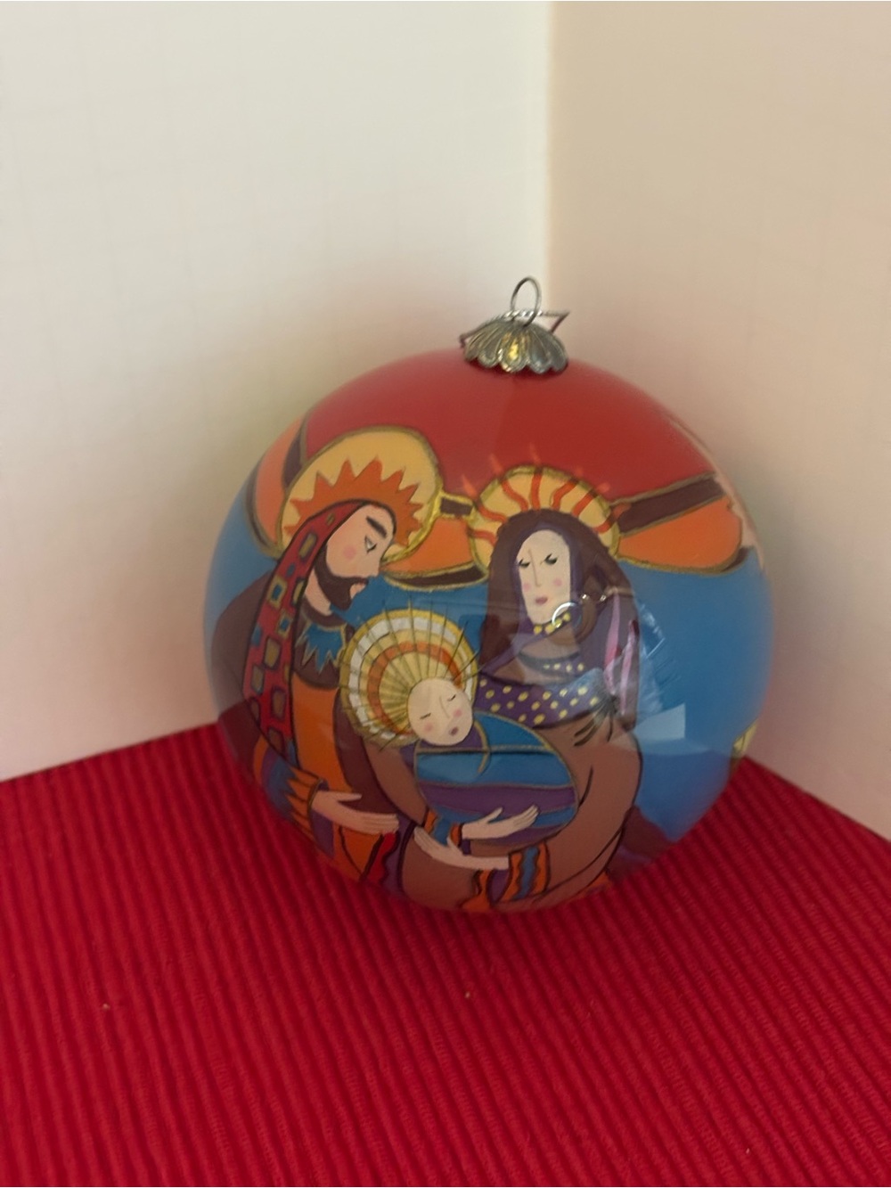 Pier1 Li Bien Hand-Painted Nativity Glass Ornament Blue and Red Holiday Ornamen